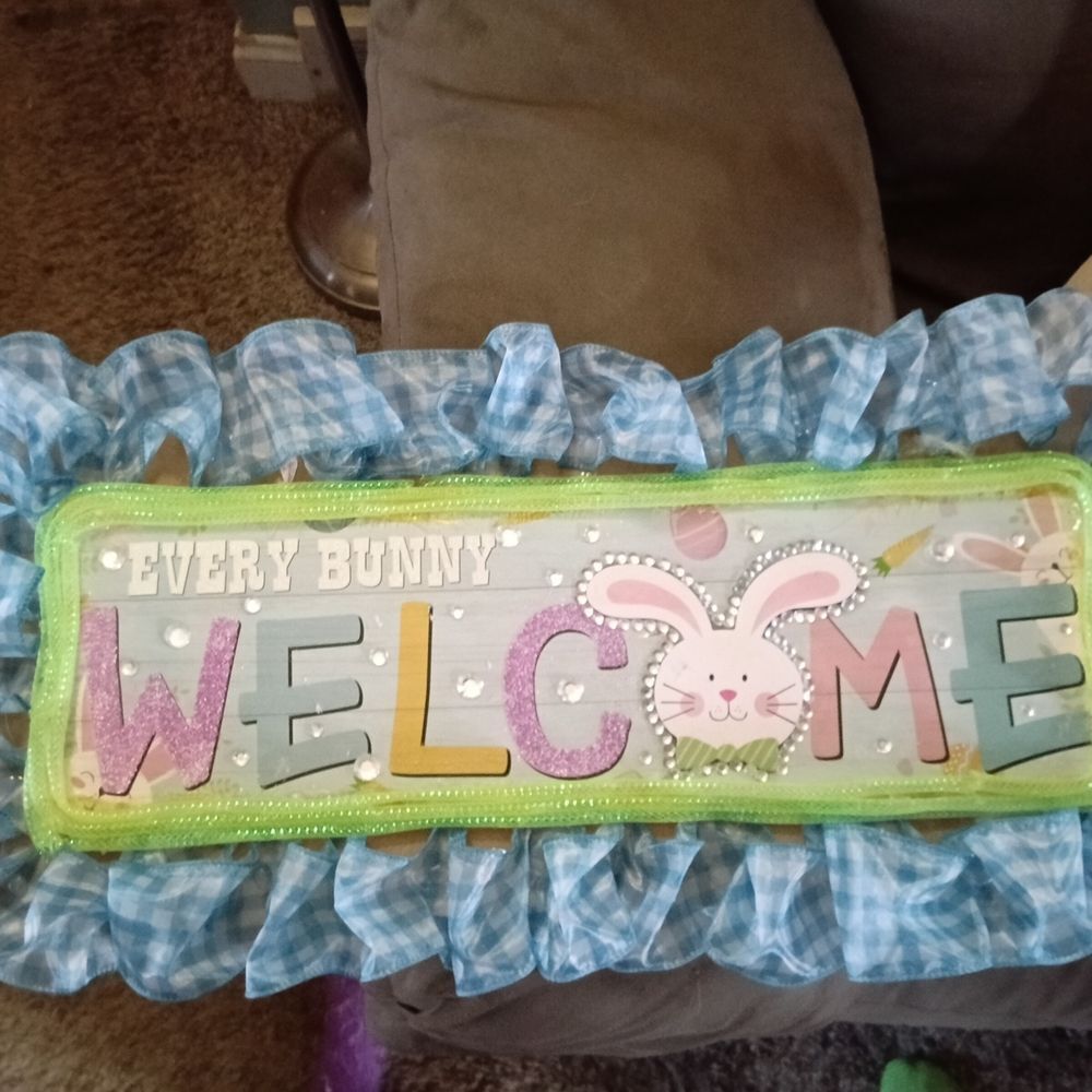 Charming Bunny Welcome Sign with Blue and Green Accents